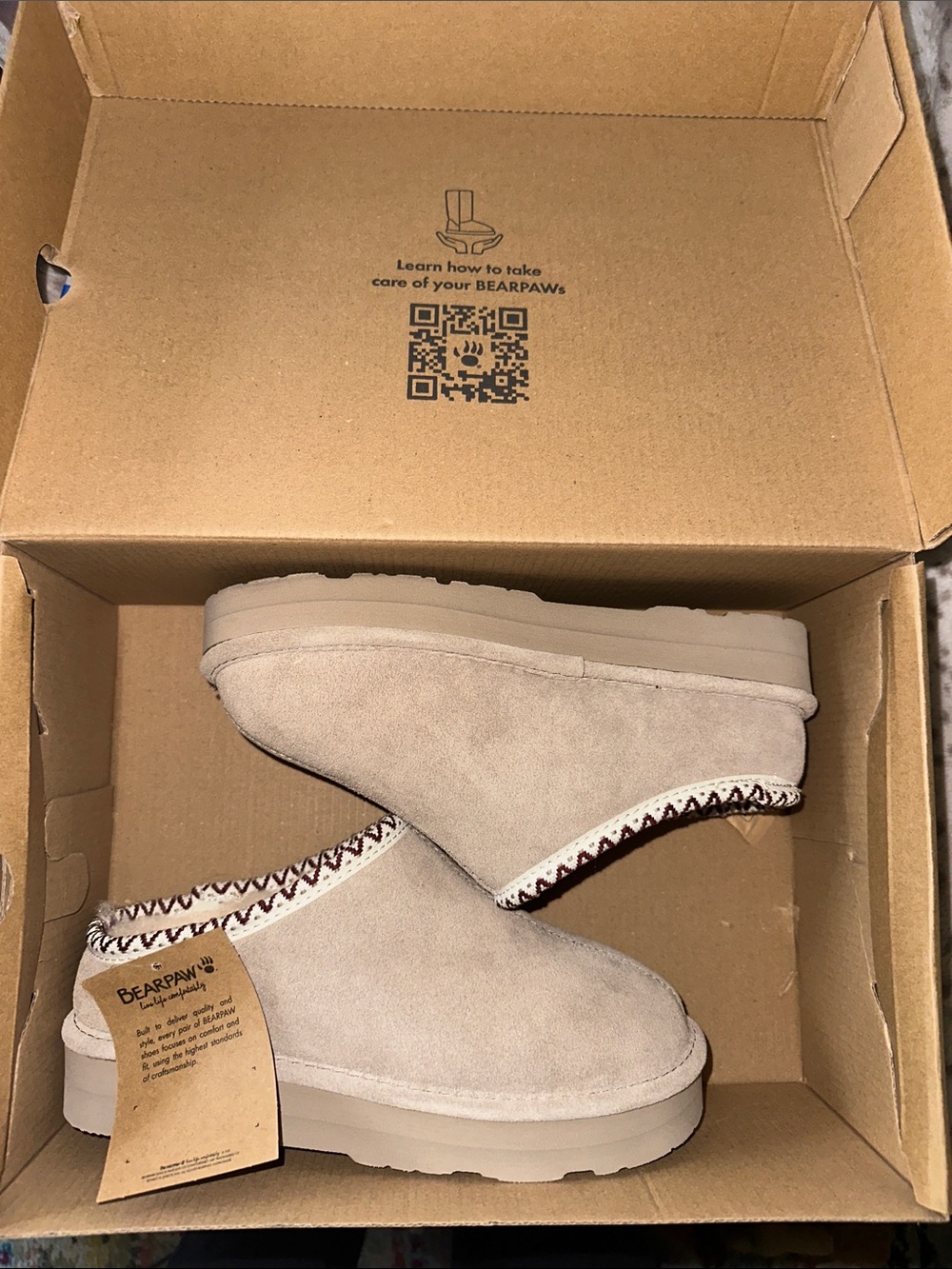 BearPaw Cream Suede Slip-On Ankle Slippers with Pattern Trim